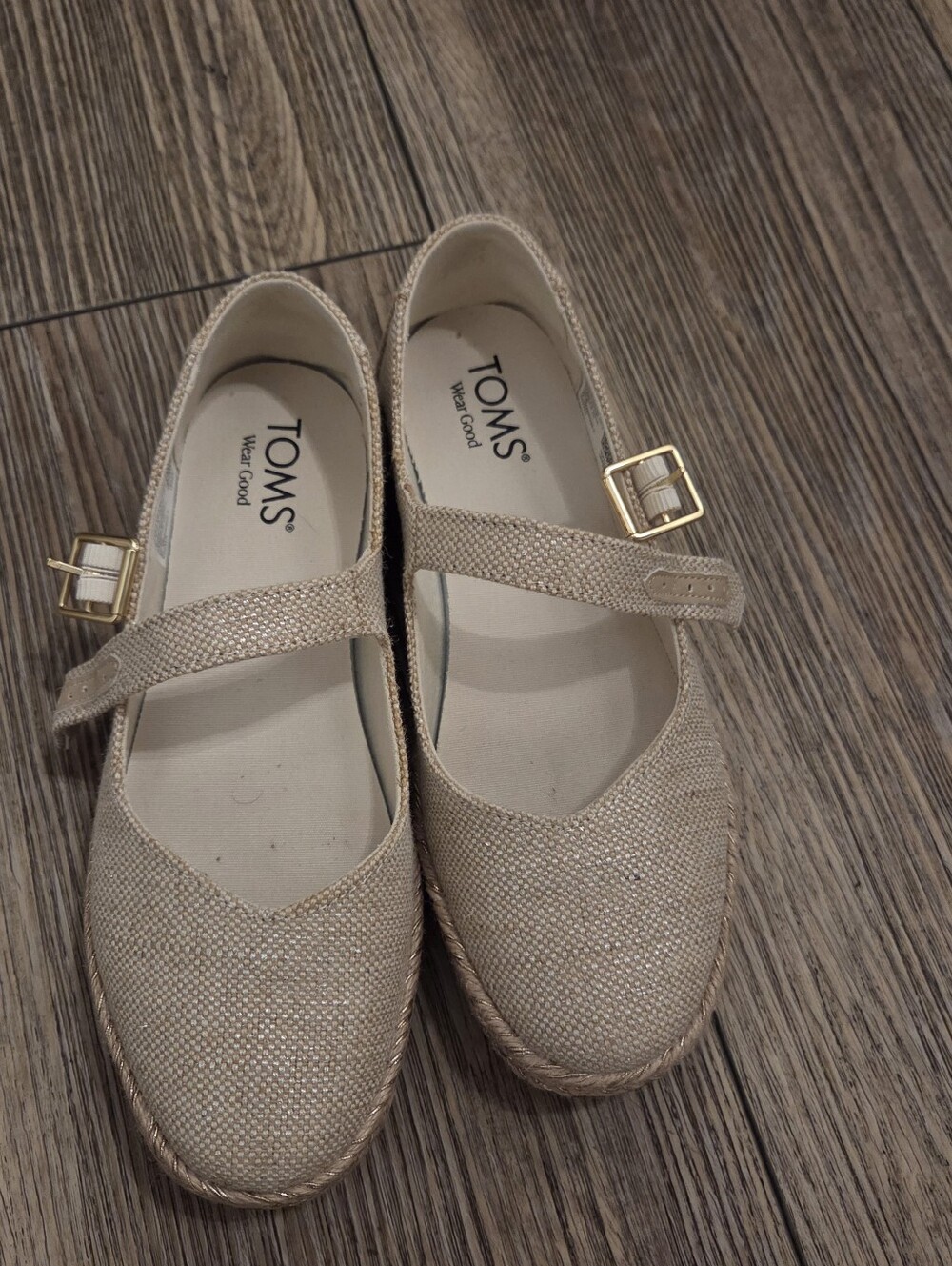 TOMS Beige Mary Jane Espadrille Flats with Gold Buckle
